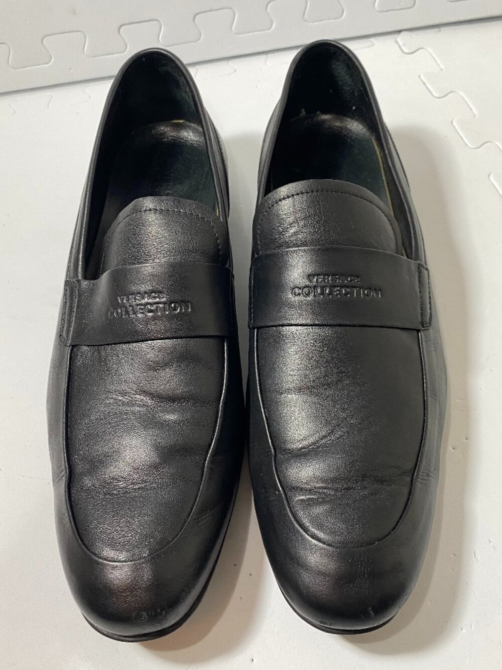 VERSACE COLLECTION Men's Black Leather Embossed Logo Loafers EU 44 US 11 ($425)